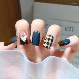 False Nails Fashion Beauty Tools Simple And Reusable 24PCS Vintage Style Temperament Grey Blue Cheque Love Heart Nail Exquisite Wear