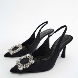 Sandals Women Black High Heel Pumps Rhinestone Pointed Toe Heeled Comfort Slingback for Plus Size Heels 230406