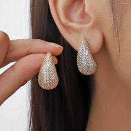 Dangle Earrings Vintage Gold Colour Plated Chunky Dome Drop For Women Glossy Stainless Steel Thick Zircon Inlaid Teardrop Earring