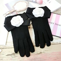 Five Fingers Gloves Fashion Winter White Camellia Bow Women Solid Black Cashmere Touch Screen Mittens Finger Thickening Warm