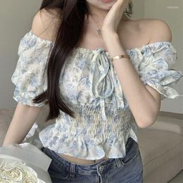 Women's Blouses Women's Summer Puff Sleeve Ruched Shirt Print Square Collar Ruffles Tie-up Slim Fit Crop Tops Female Blouse Shirts Top