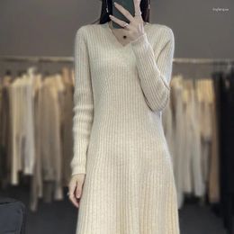 Casual Dresses Women's Cashmere Knit Dress V-Neck Solid Colour Slim Length Skirt High Waist Hip Autumn Winter Wool Pullovers