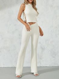 Women's Two Piece Pants Wsevypo Women 2 Knitted Suits Drawstring Side Cutout Tie-up Rib Crop Tank Tops And High Waist Flare Streetwear