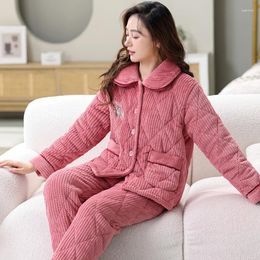 Women's Sleepwear Winter Pajamas For Middle-aged Women Milk Velvet Three-layer Cotton Lint Female Ladies Thicken Warm Home Wear