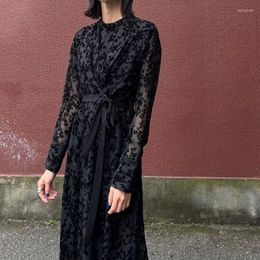 Casual Dresses WAKUTA Vestidos De Mujer Elegant Slim Long Robe Femme Japanese Simple Vintage Black Velvet Printed Micro-transparent