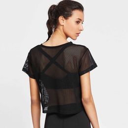 Women's T-Shirt Sexy Mesh See Through T Shirt Crop Top Women Hollow Mesh Short Sleeve O Neck T-Shirt Transparent Loose Black Short Tee Shirt#Z10 P230328