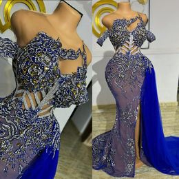 Lastest Aso Ebi Blue Prom Gowns Mermaid Illusion Evening Birthday Party Second Reception African Arabic Nigeria Formal Bridesmaid Engagement Dress ST261