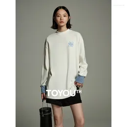 Women's T Shirts Toyouth Women Tees 2023 Autumn Contrast Striped Long Sleeves Round Neck Oversized T-shirt Logo Print Fashion Casual White