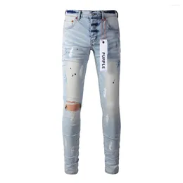 Men's Jeans Purple Brand Paint Graffiti High Street Slim Fit Streetwear Washed Denim Ligh Blue Long Pants Trousers