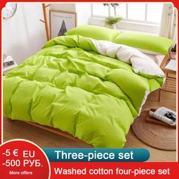 Bedding Sets Washed Cotton Light Blue Small Fresh Four-Piece Set Ins Skin-Friendly Bed Linen Quilt Cover Student Dormitory Three-Piece