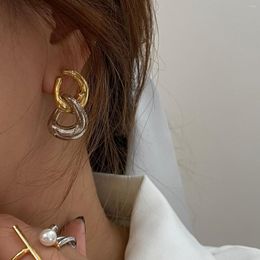 Stud Earrings Brass Shiny 2 Tone Linked Hoop Women Jewelry Punk Party Gown Runway Rare Korean Japan Style