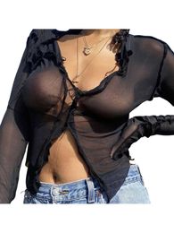 Women's T-Shirt Hot New 2022 Summer Womens Long Sleeve Sexy Black Mesh Top T Shirts Transparent Punk Club Streetwear Tees Beach Tops P230328