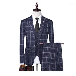 Men's Suits (Jackets Vest Pants) 2024 Men Style Dance Plaid Business Blazers/Male Slim Three-Piece Suit/Man Groom Dress