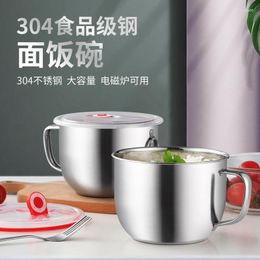 Plates 304 Stainless Steel Rice Bowl Large Capacity Sealed With Cover Handle Instant Noodles Cup Ramen