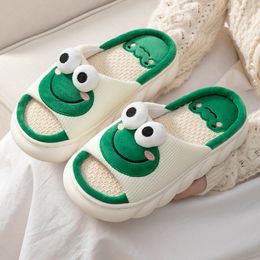 Slippers Women Lovely Frog Linen Slippers Shoes Couples Non Slip Thick Soled Spring Summer Cotton Linen Cool Slippers Home Slippers Slide 230422