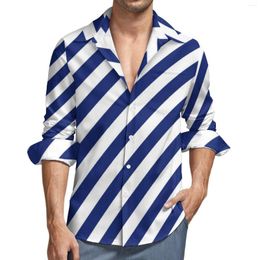 Men's Casual Shirts Navy Blue White Nautical Shirt Man Diagonal Stripes Spring Street Style Custom Blouses Novelty Oversized Clothing