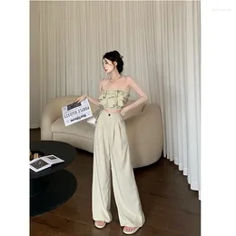 Women's Two Piece Pants Girl Suit Cake Strapless Vest Short Top High Waist Casual Wide Leg Two-piece Set Fashion Female Clothes