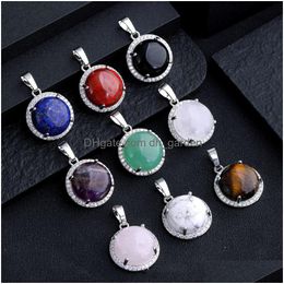 Charms Round Zircon Natural Stone Pendant For Women Rose Quartz Amethyst Tiger Eye Charms Jewelry Making Necklaces Wholesale Dhgarden Dhrx7