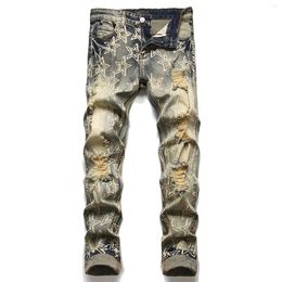 Men's Jeans Retro Star Denim Pants Slim Print Personality Cut Ripped Casual Street Vintage Mopping Wide-leg Trousers