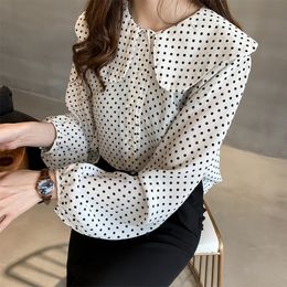 Women's Blouses Shirts Women's Shirt Clothes Female Girl Sweet Temperament Peter Pan Collar Wave Point Chiffon Top Female Long Sleeve Blouse H9127 230424