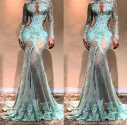 Full Lace Neck Pearls Mermaid Evening Dresses Dubai See Through Illusion High Split Formal Prom Cutaway Side Celebrity Gowns Custom Made