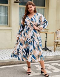 Plus Size Dresses Elegant And Pretty Women's Long Sleeve Linen Dress Blue Summer Casual Beach Printed Tie Up V-neck With