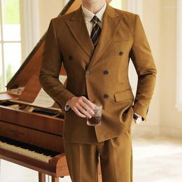 Men's Suits (Jacket Pants) 2 Pieces Set Casual Boutique Business Double-breasted Dress Wedding Groom Suit Coat Blazers Trousers