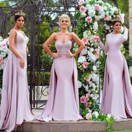 Bridesmaid Dress Elegant Pink Long Sleeve Mermaid Dresses Satin Detachable Train Applique Sequins Maid Of Honour Gowns Vestidos