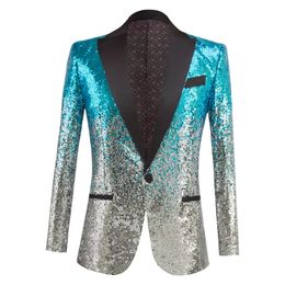 Mens Suits Blazers Silvery Sky blue SequinShawl Collar Suit Jacket Men Bling Glitter Nightclub Prom DJ Blazer Singer Costume 231123