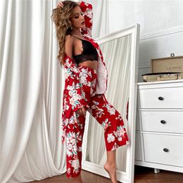 Women's Sleepwear Contrast Lace Top & Long Pants Print Soft Nightwear Belted Robe Set Floral Pajamas