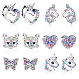 Cute Unicorn Stud Earrings for Little Girl Kids Crystal Cat Butterfly Rainbow Heart Star Earring Christmas Gift