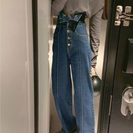 Women's Jeans Elegant Korean Jeans Women Winter High-Waist French Designer Wide-legged Pants Blue Casual Designer Long Pants Autumn 230424