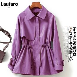 Women's Jackets Lautaro Spring Casual Purple Faux Leather Streetwear Jacket Women Long Sleeve Drawstring Zipper Autumn Loose Korean Clothes 231123