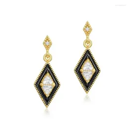 Dangle Earrings Women Zircon Diamond S925 Sterling Silver 10k Gold Plated White Black Dropping Oil Rhombus Earring