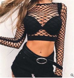 Women's T-Shirt Women's Slim High Waist Hollow Perspective Fishnet Vavel T-shirt Ladies Mesh Short Tops Large Size Disco Club Clothes For Female P230328 good