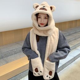 Beanies Beanie/Skull Caps Plush Gloves Scarf One-piece Hat Women's Winter Thickening Warmth Imitation Down Cute Bear Ears Northeast