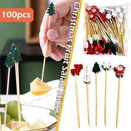 Forks 100Pcs Christmas Bamboo Picks Toothpicks Santa Dessert Buffet Fruit Salad Decoration Year Xmas Party Supplies