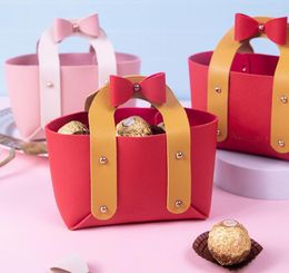 Gift Wrap Bowknot Handbag With Handle Beautiful Leather Bag Decor Wedding Candy Birthday Party Favor Pink Red 25pcs/lot