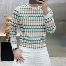 Men's T Shirts 2023 Fall Men Round Neck Fashion Brand Long-sleeved Pullover Casual Personality Pattern Comfortable Cheque Tee