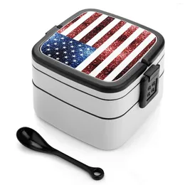 Dinnerware Usa Flag Red Blue Faux Sparkles Glitters Bento Box Portable Lunch Wheat Straw Storage Container Glimmer Trendy