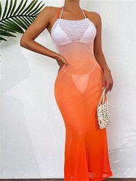 Women's Swimwear Beach Cover Up Orange Gradient Beachwear See-through Long Dress Summer Holiday Sleeveless Mesh Cover-ups 2024