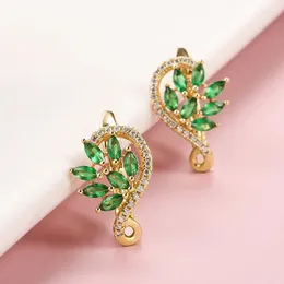 Hoop Earrings Huitan Green Leaf Design Women Luxury Gold Color Sparkling Wedding Party Noble Female Accessories Jewelry