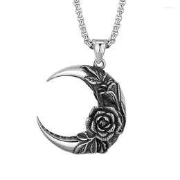 Chains Crescent Necklace For Women Vintage Rose Flower Carving Pendant Bronze Hand Carved Dragonfly Drop Necklaces Female