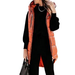 Women's Vests Street Style Zipper Up Vest For Women Hooded Jacket Sleeveless Thermal Pockets Padded Elegant Winter Down Tank Long Coat