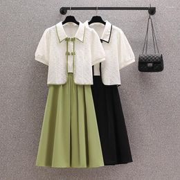 Two Piece Dress Summer Sets Womens Outifits Lapel Short Sleeve Small Shirt Crop Top And A Line Mid Skirts Korean Clothes