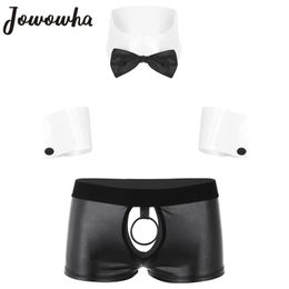 Sexy Set Cosplay Men Sexy Lingerie Set Waiter Stage Dancer Costumes Sexy Leather Crotchless Underwear Role Play Uniforms Nightclub Outfit 231123