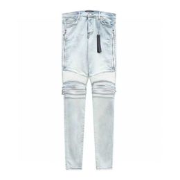 Designer Clothing Denim Pants Amiiri Mx2 Light Blue Knee Panel Leather Zipper Motorcycle High Street Style Jeans Distressed Ripped Skinny Motocycle Biker