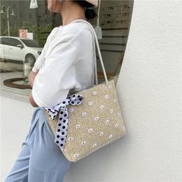 Evening Bags Women Straw Woven Shoulder Flower Lace Ribbon Beach Handbags Casual Ladies Solid Color Large Capacity Totes