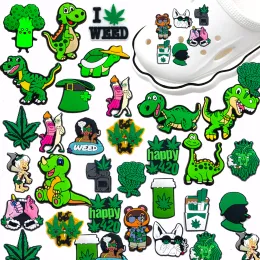 Hot 1Pcs Weed Shoe Accessories PVC Dinosaur Green Leaves Sandals Decoration For Fashion Croces Charms Jibz Kids Party X-mas Gifts