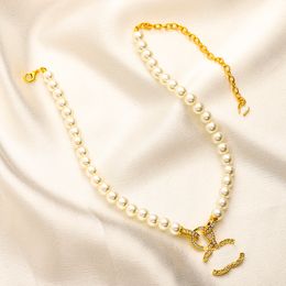Designer Gold Plated Pearl Letter Pendant Chain Crysatal Rhinestone Stainless Steel Choker Brand Necklaces for Women Wedding Party Jewellery